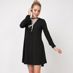 French Terry Dress with Lace Up Neckline in Black